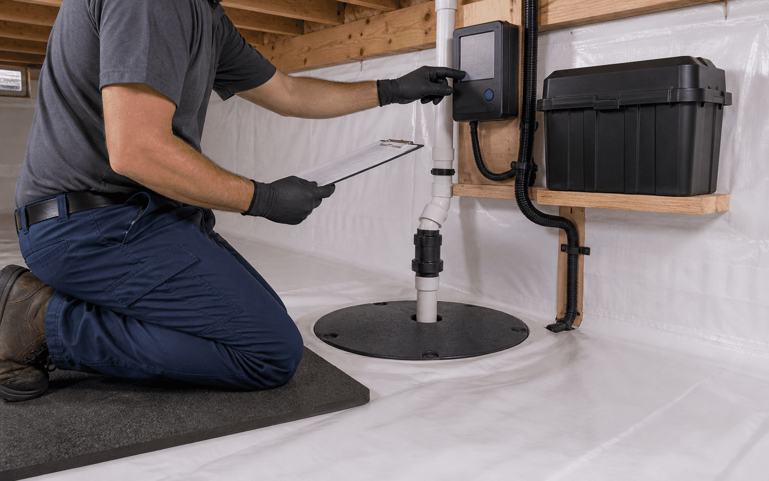 Technician checking a crawl space sump pump backup controller from a dry, protected position
