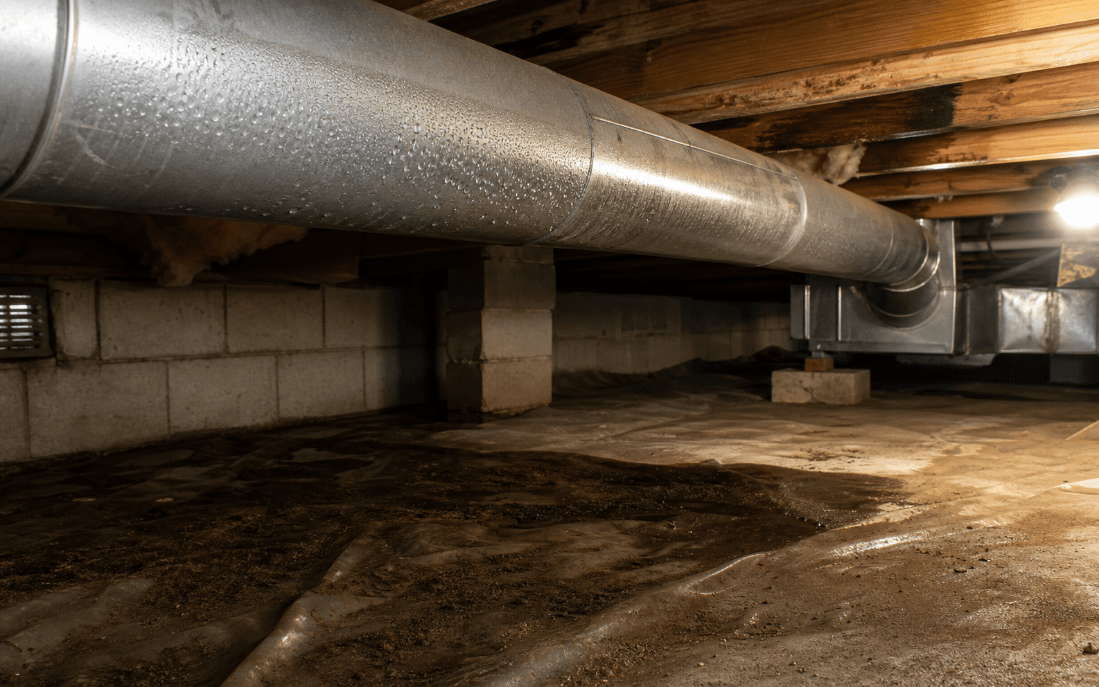Condensation on crawl space ductwork showing high crawl space humidity