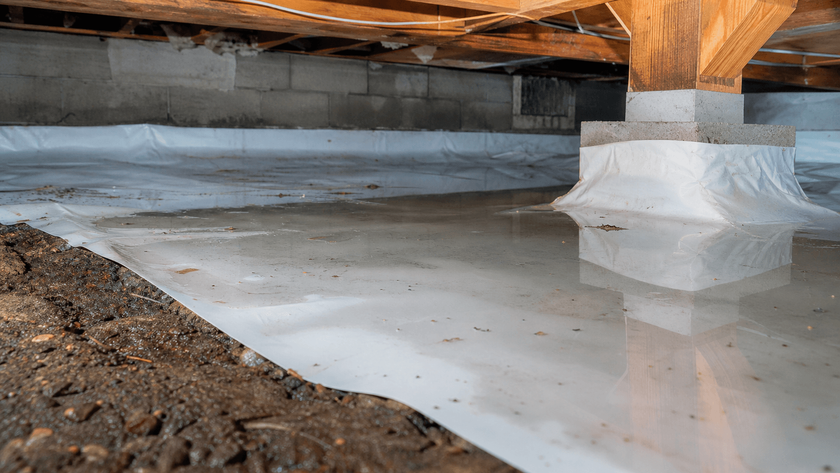 Standing water pooled on a crawl space vapor barrier below floor framing