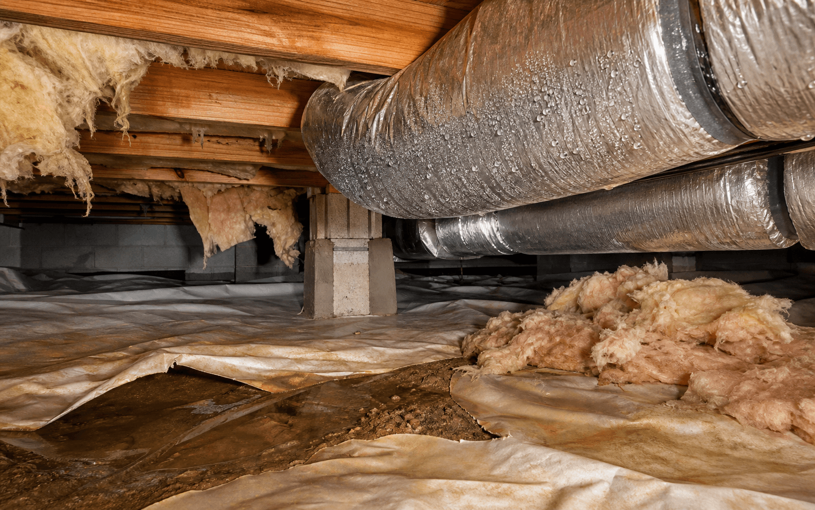 Crawl space duct condensation near loose wet insulation and a damaged vapor barrier