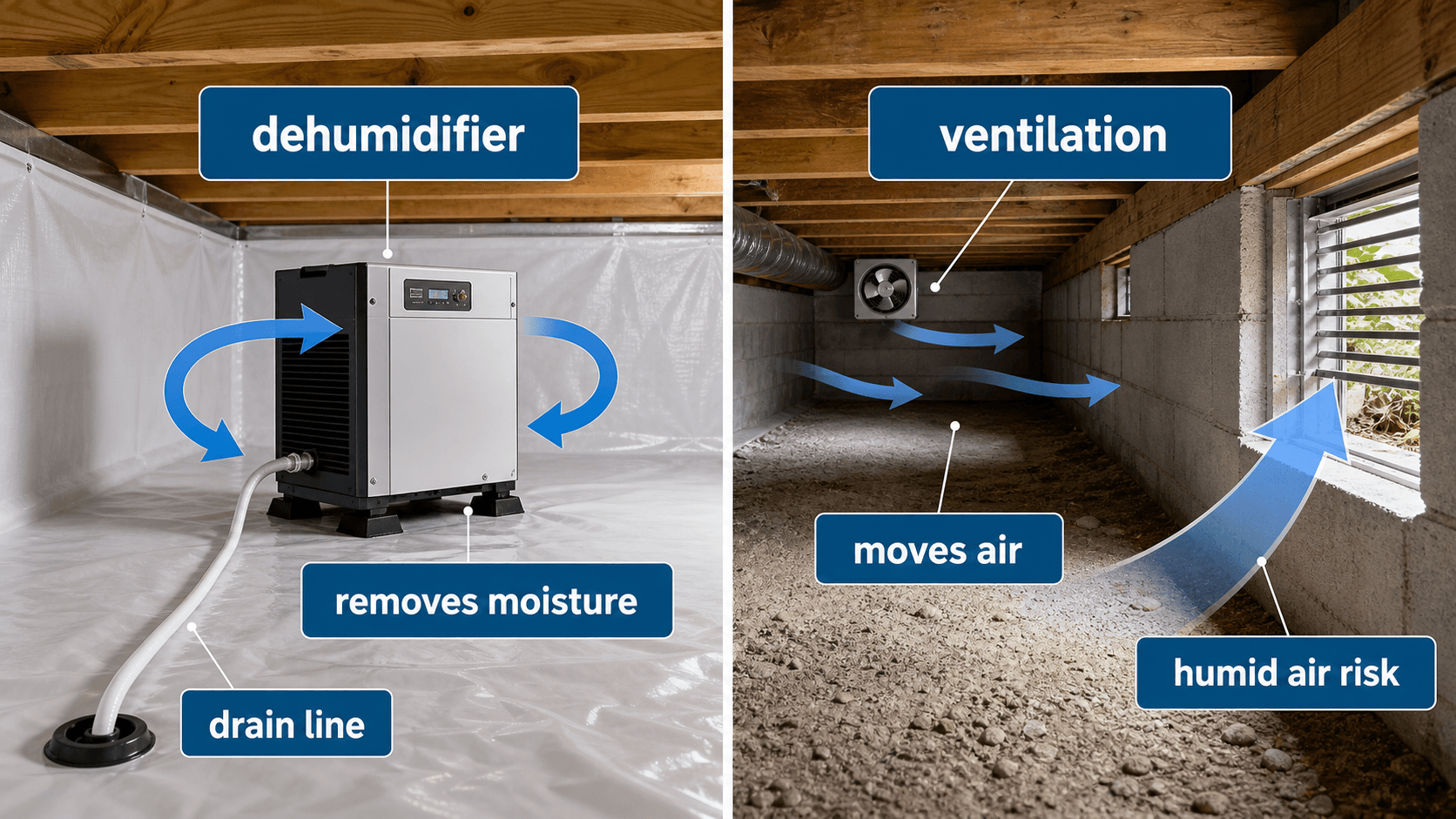 Crawl space comparison showing a dehumidifier removing moisture and ventilation moving air