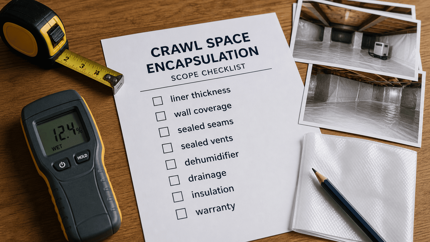 Crawl space encapsulation scope checklist with items for liner thickness, wall coverage, sealed seams, sealed vents, dehumidifier, drainage, insulation, and warranty