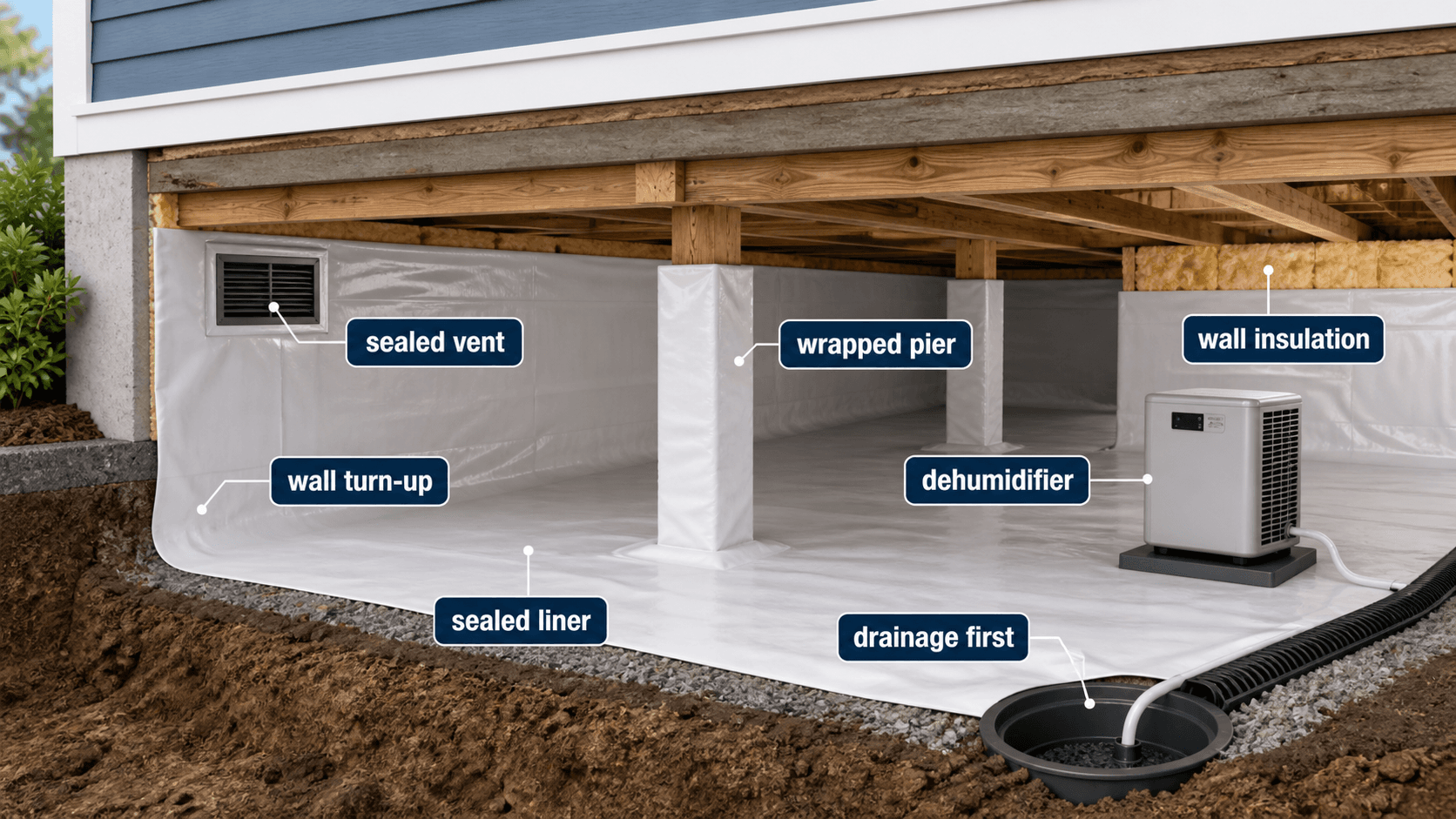 Labeled crawl space encapsulation diagram showing sealed liner, wall turn-up, wrapped pier, sealed vent, dehumidifier, drainage first, and wall insulation