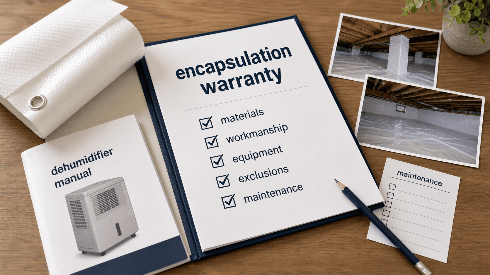 Encapsulation warranty planning document showing materials, workmanship, equipment, exclusions, and maintenance alongside crawl space photos and liner sample