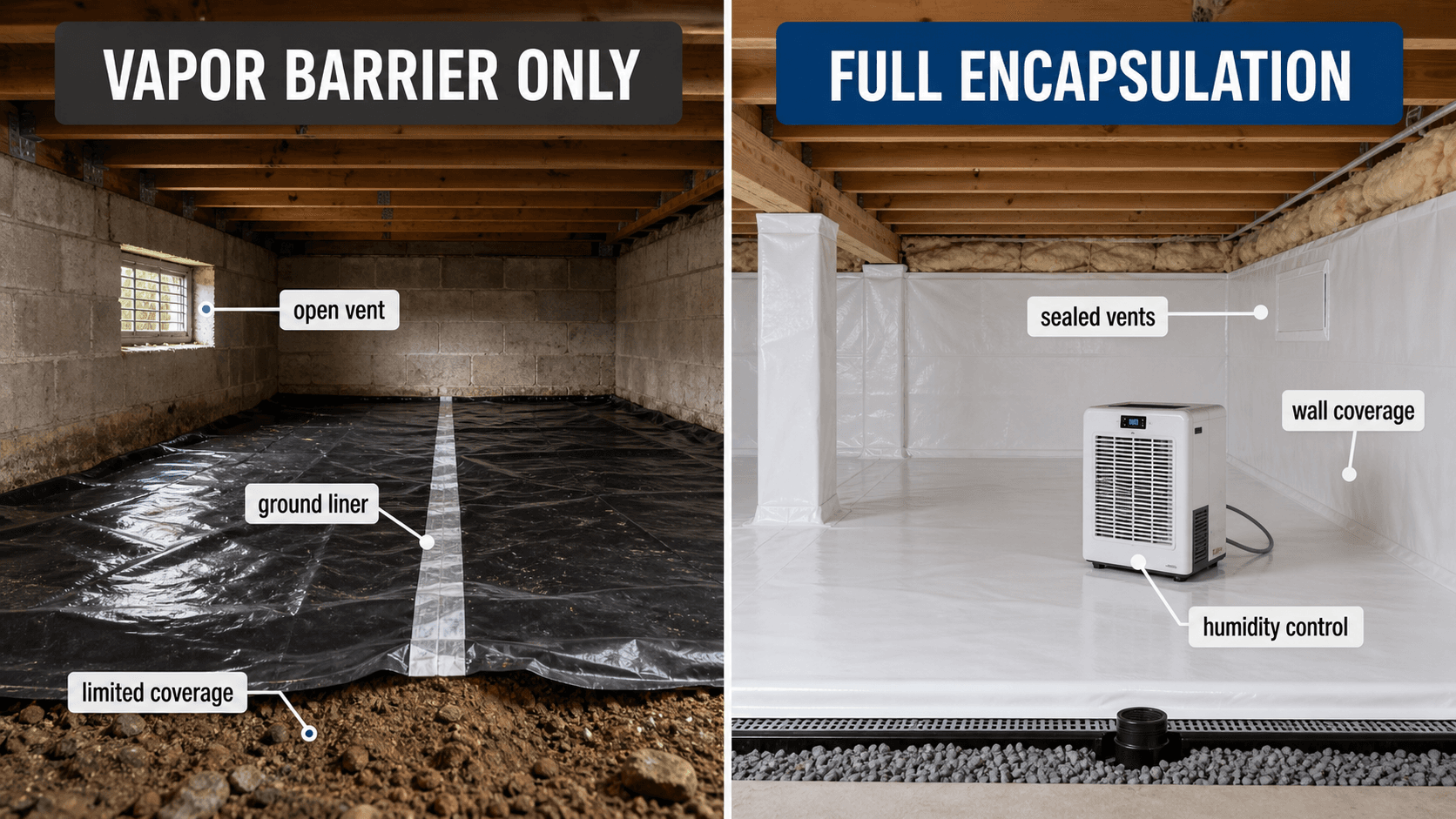 Side-by-side crawl space comparison showing vapor barrier only with ground liner and open vent versus full encapsulation with sealed vents, wall coverage, and humidity control