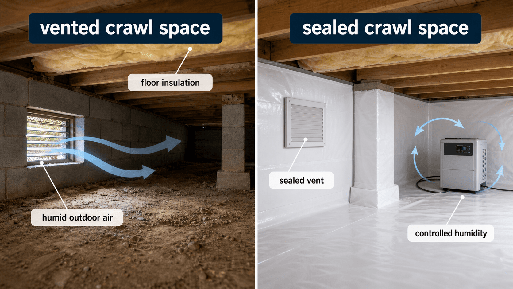 Side-by-side crawl space comparison showing humid outdoor air entering a vented crawl space and controlled humidity in a sealed crawl space