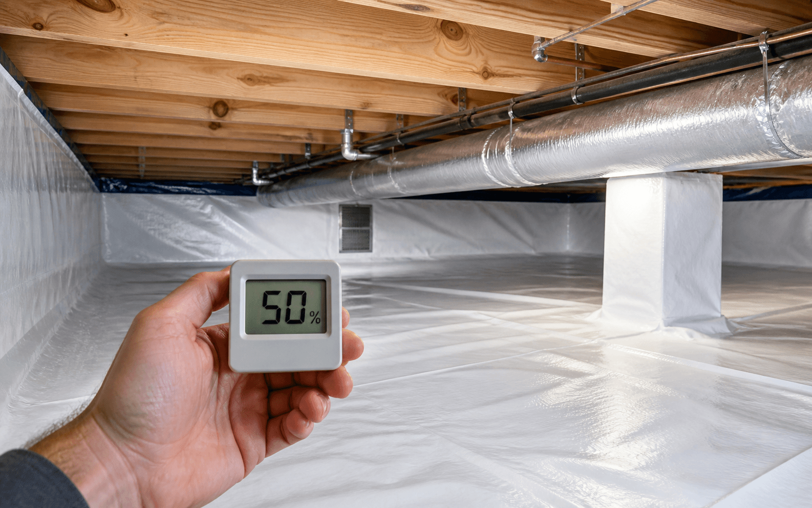 A hygrometer reading 50% relative humidity in a clean, encapsulated crawl space
