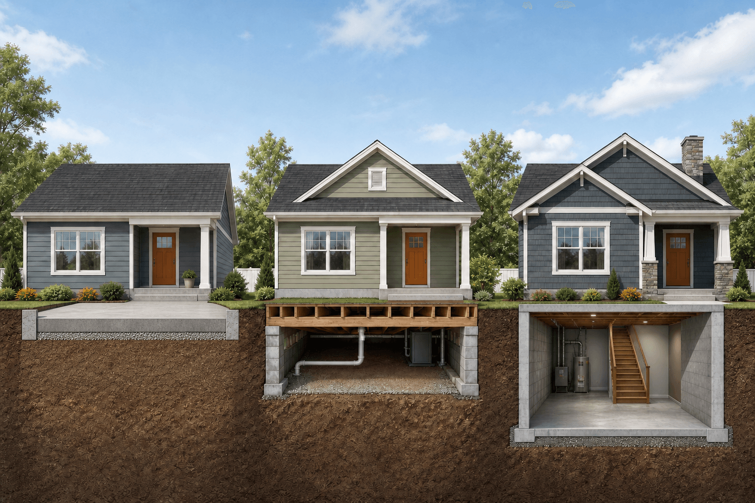 Cutaway comparison of a slab-on-grade house, a house over a crawl space, and a house over a full basement