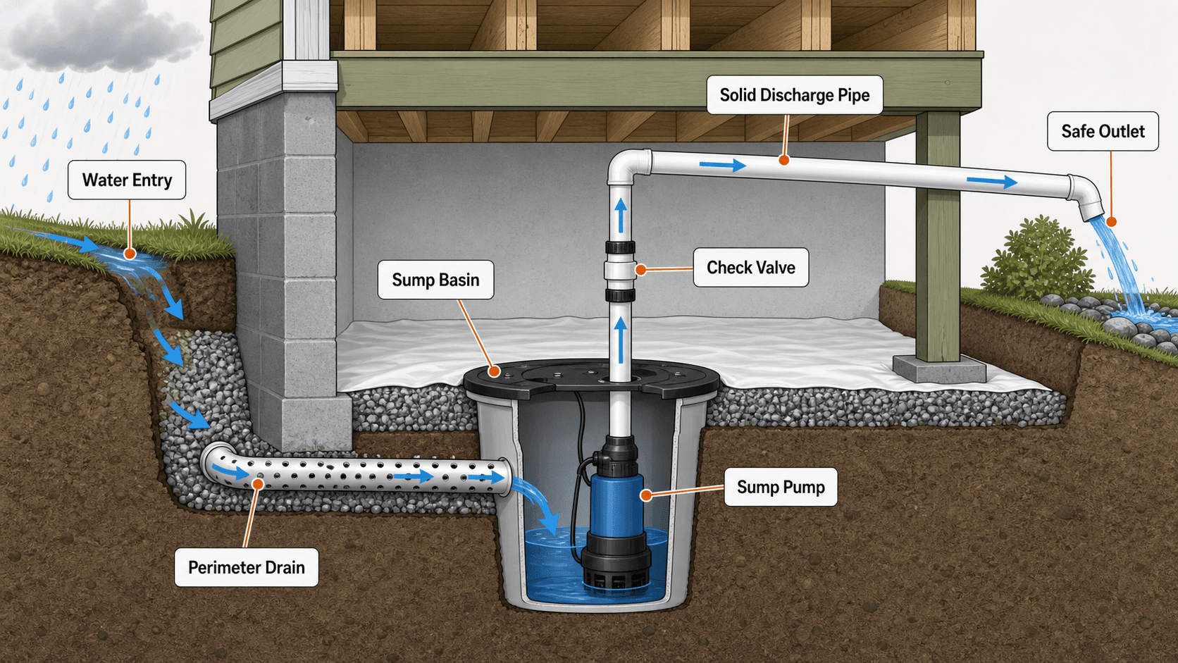 Labeled crawl space drainage diagram showing water entry, perimeter drain, sump basin, sump pump, check valve, solid discharge pipe, and safe outlet