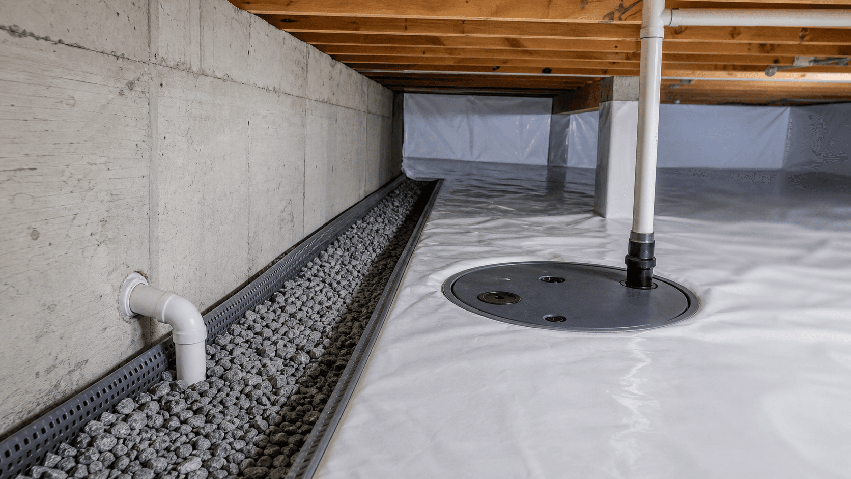 Crawl space drainage channel routing water toward a sump basin