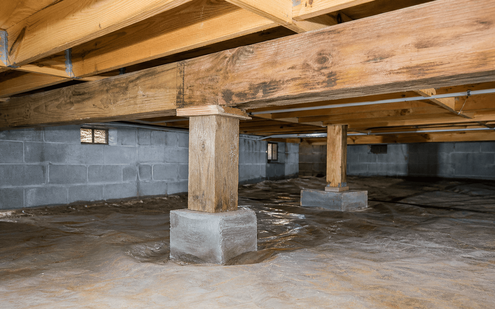 Crawl space beam and adjustable support posts below a sagging floor
