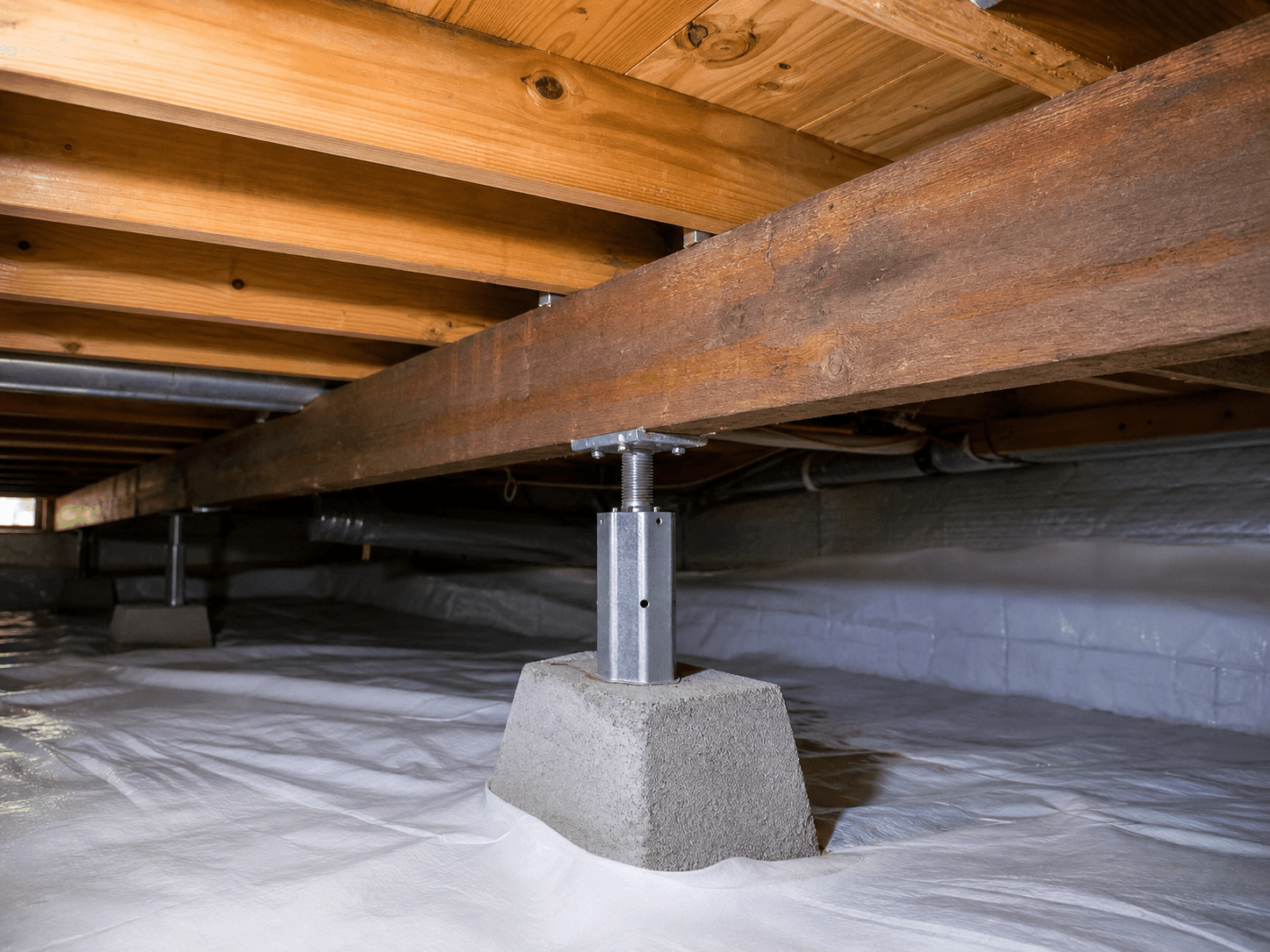 Crawl space support post under a floor beam