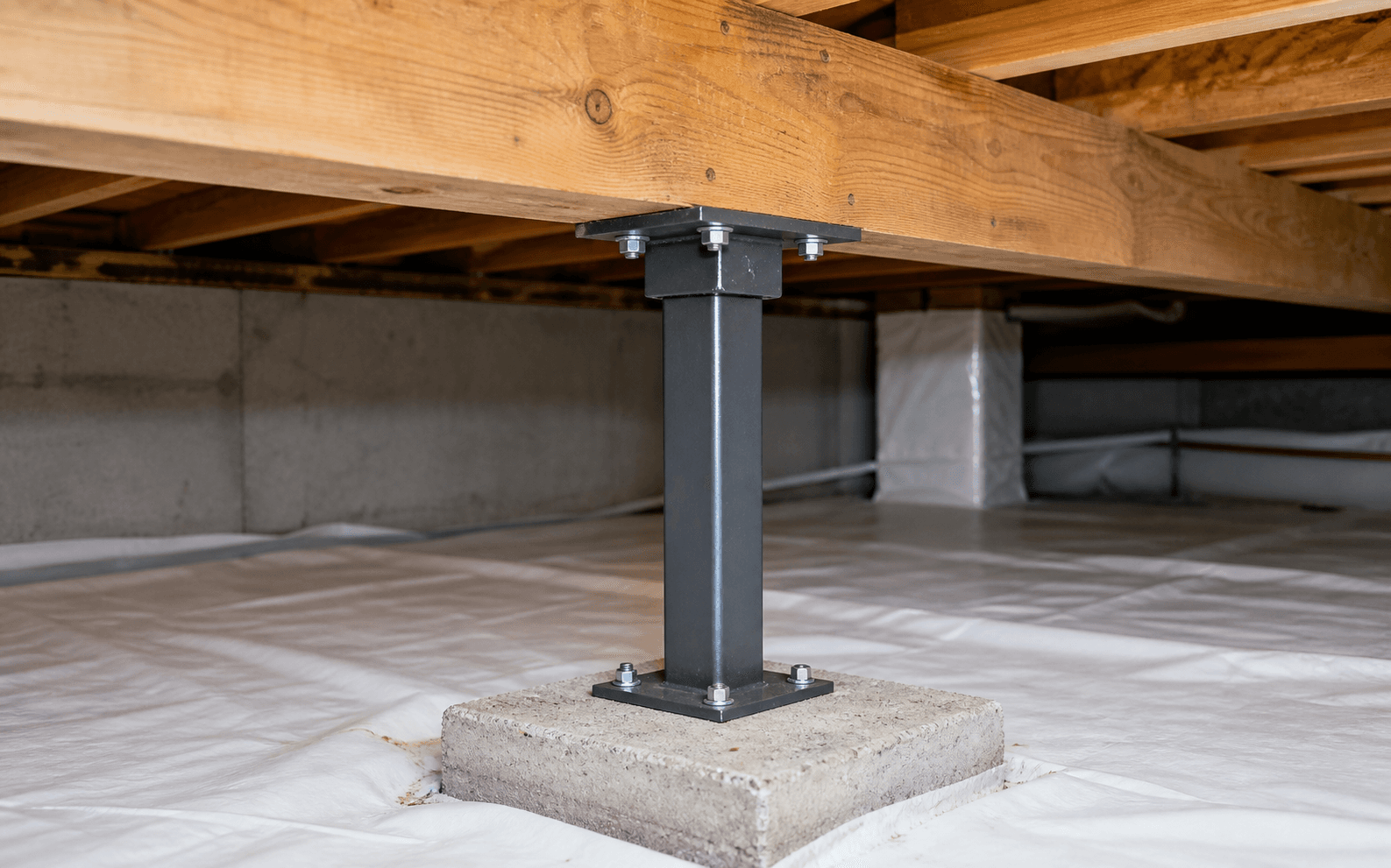 Close-up of crawl space beam bearing on a steel support post and concrete footing
