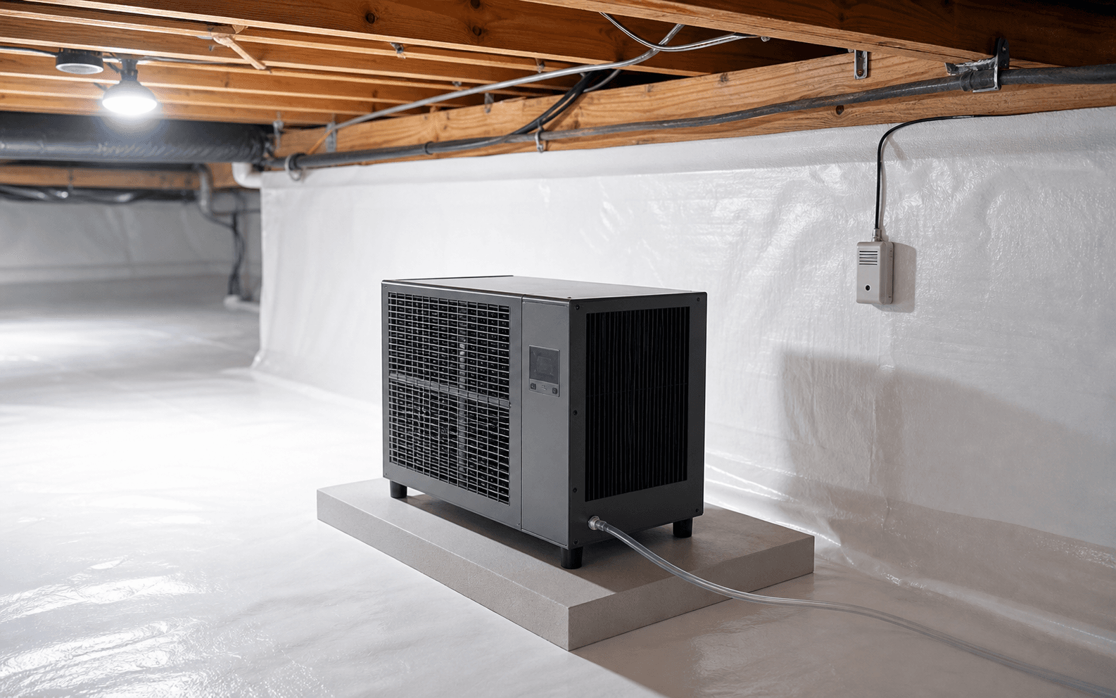 Crawl space dehumidifier installed in a clean sealed crawl space