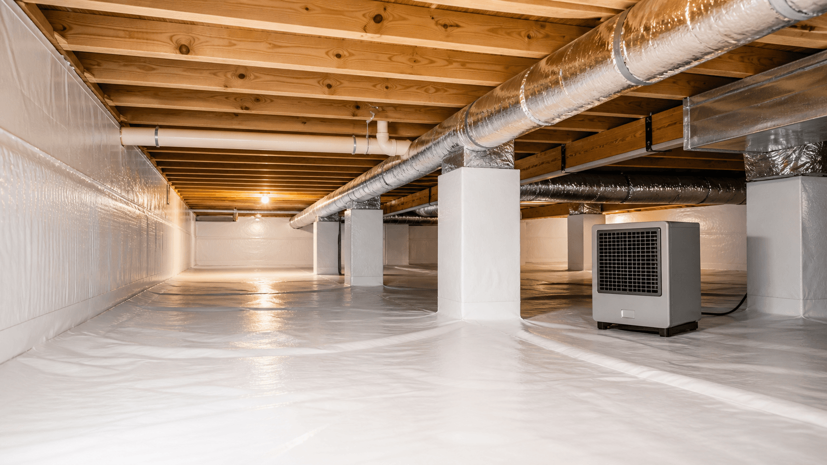Finished crawl space encapsulation system with sealed liner and controlled access path