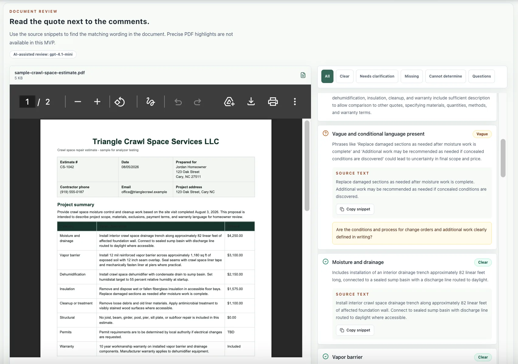 Crawl space quote analyzer showing an uploaded estimate beside AI-assisted review comments